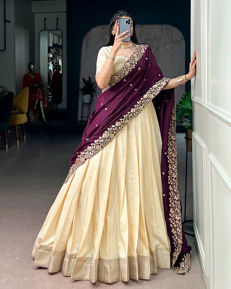 Off-White Color Poly Kotha Tasar Silk Half Saree