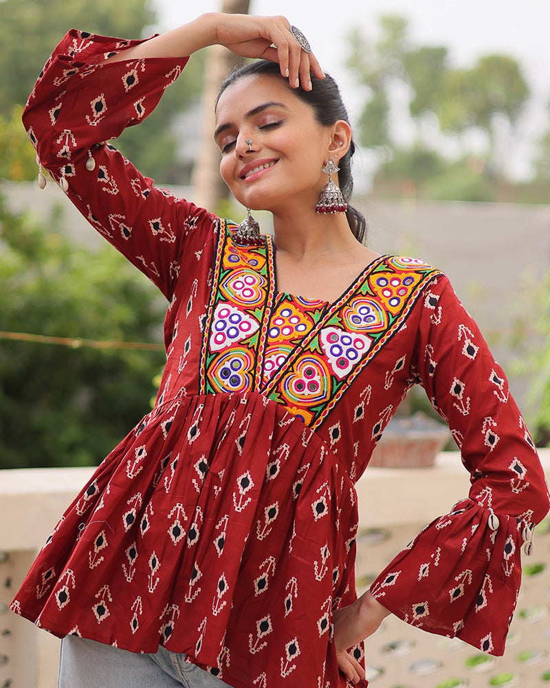 Maroon Color Cotton Printed Navratri Kediya