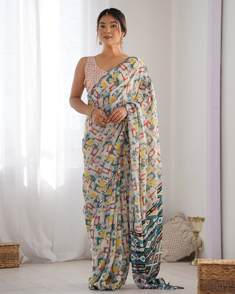Off-White Color Chinnon Silk Saree