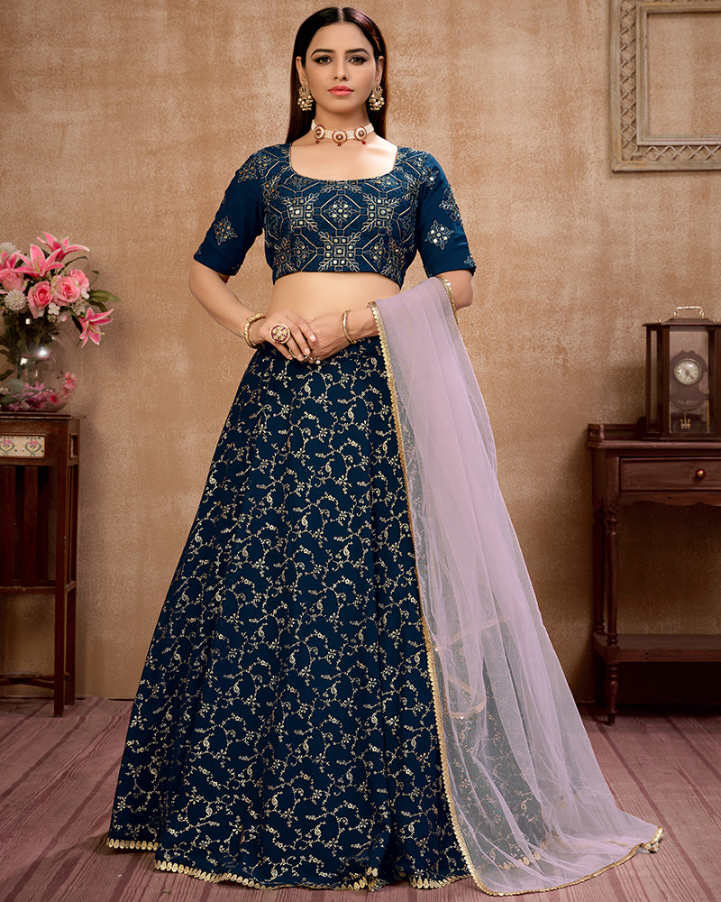 Navy Blue Color Georgette Semi Stitched Lehenga Choli