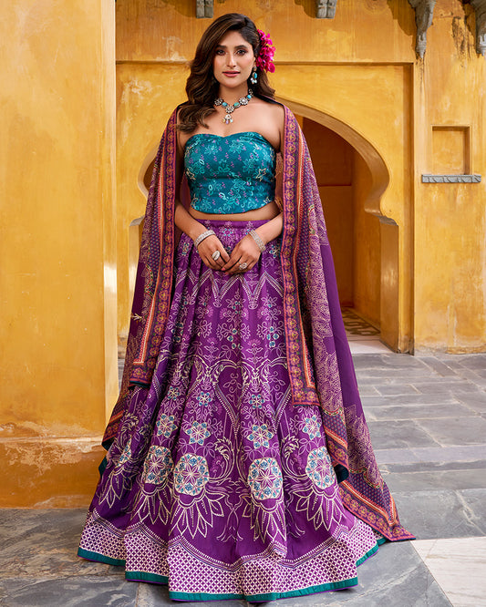 Purple Color Vichitra Silk Printed And Embroidered Lehenga Choli