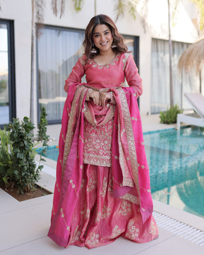 Peach Color Fendi Crush Embroidered Plazzo Suit