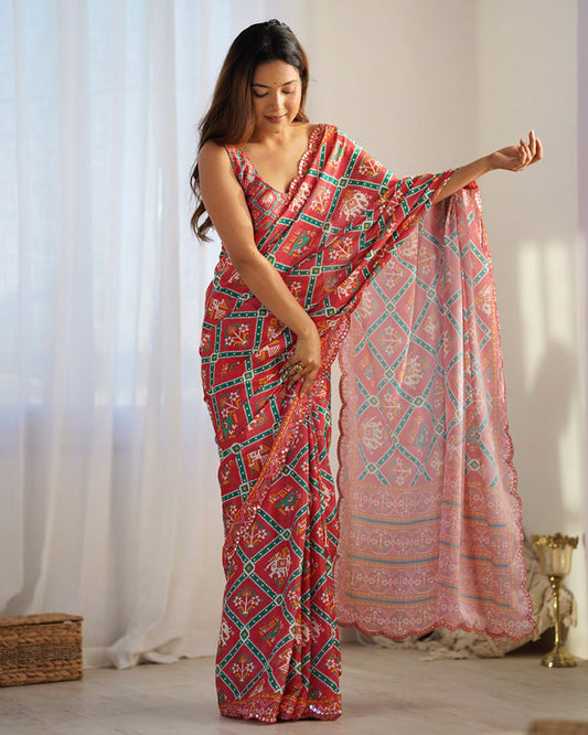 Tomato Color Chinnon Silk Saree