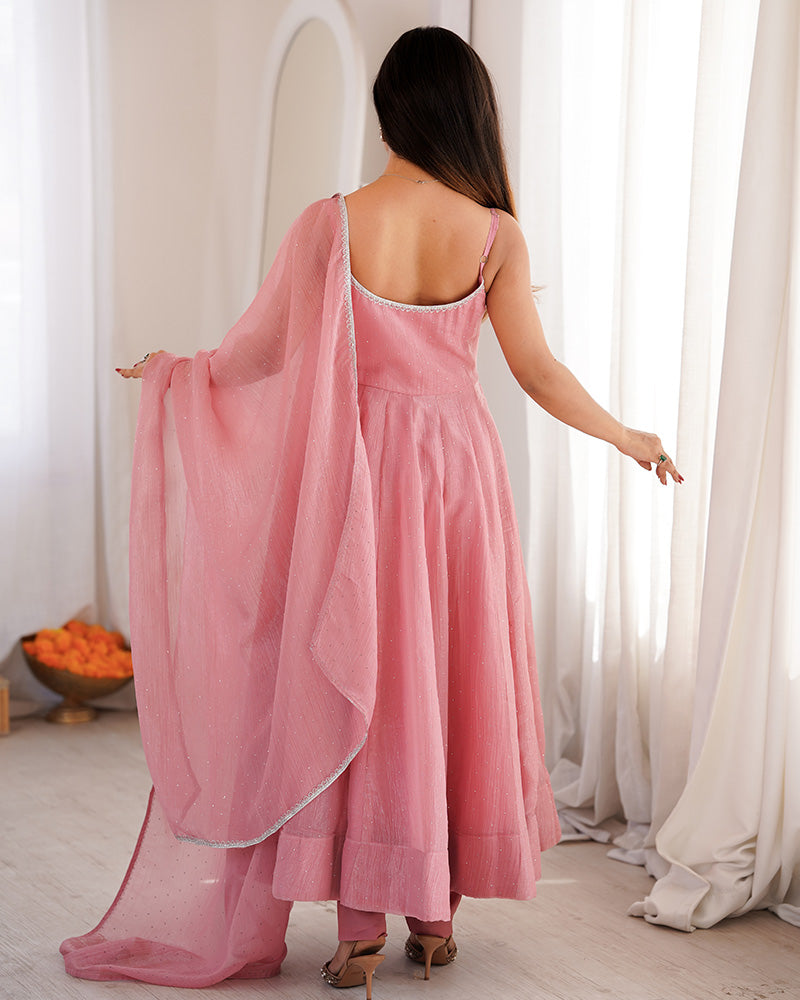 Dusty Pink Color Crunchy Silk Three Piece Anarkali Suit