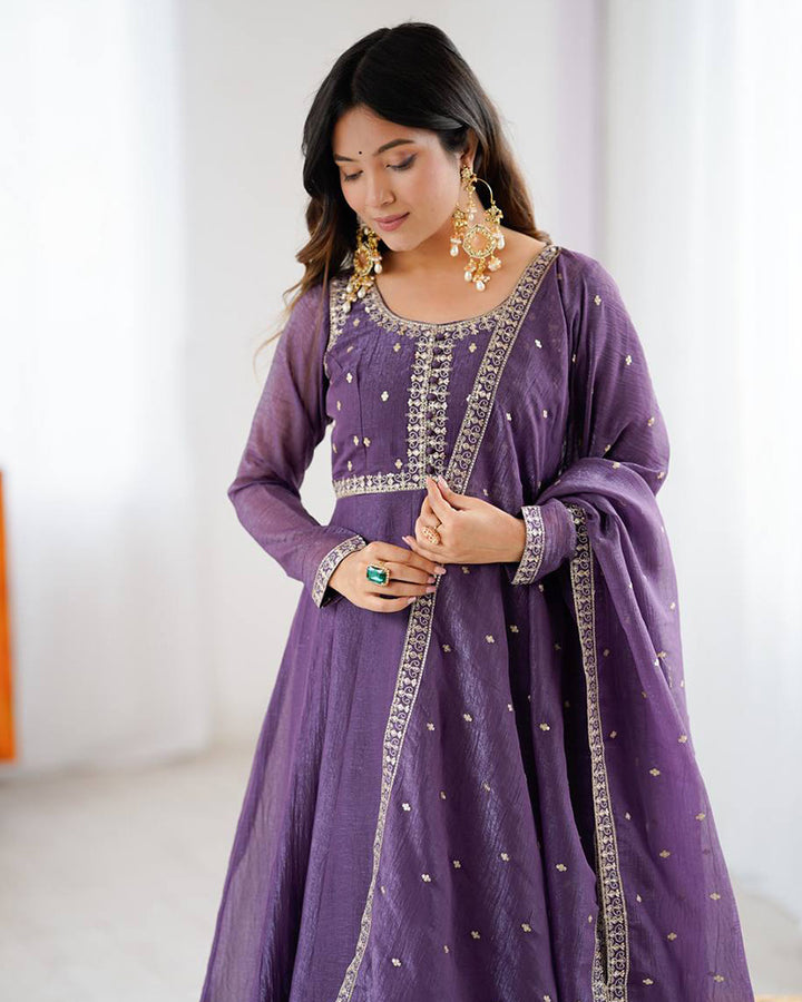 Dusty Mauve Color Crunchy Silk Three Piece Anarkali Suit