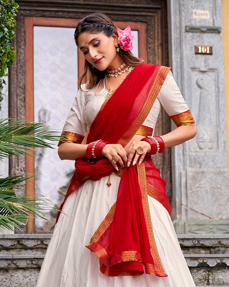 Designer White Color Poly Cotton Half Saree