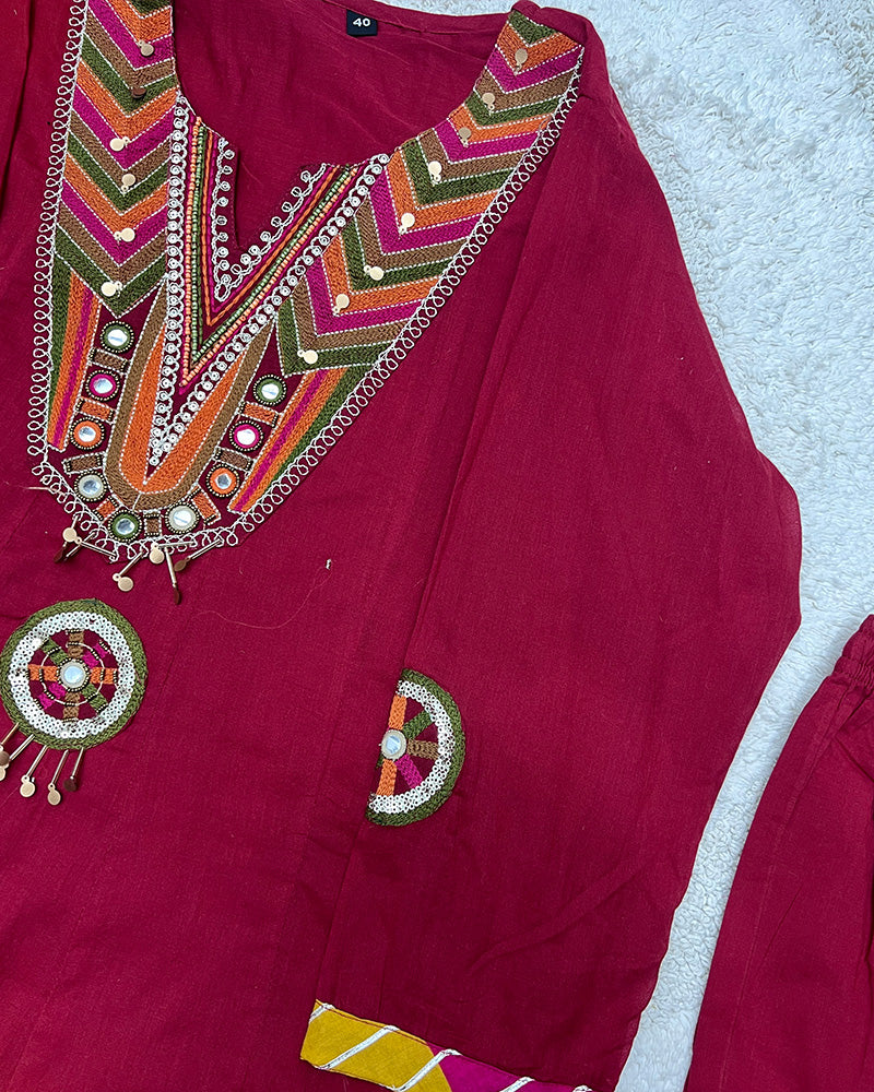 Maroon Color Mal Cotton Three Piece Kurti Suit