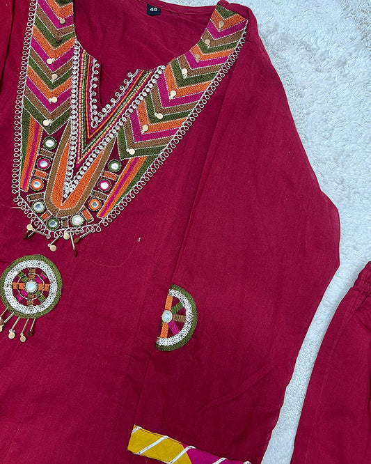 Maroon Color Mal Cotton Three Piece Kurti Suit
