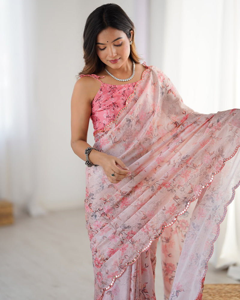 Baby Pink Color Chinnon Silk Mirror Work Saree