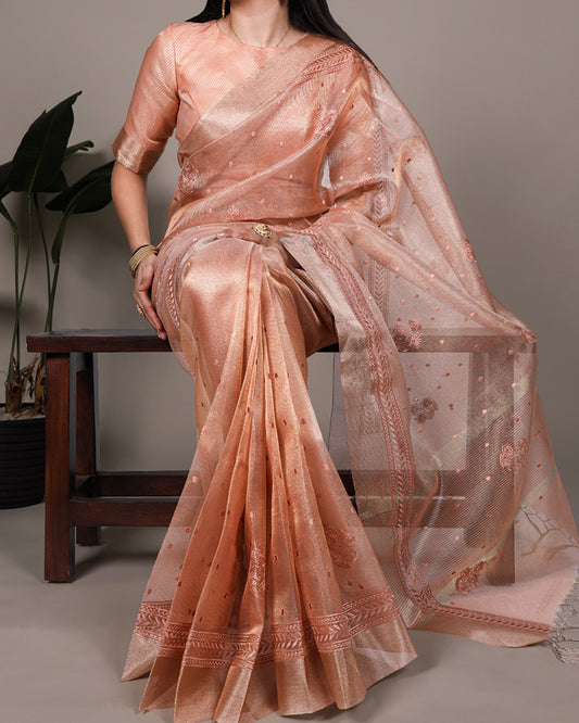 Orange Color Poly Shimmer Embroidered Saree