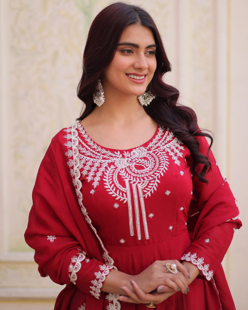 Royal Red Color Mal Chanderi Cotton Anarkali Suit