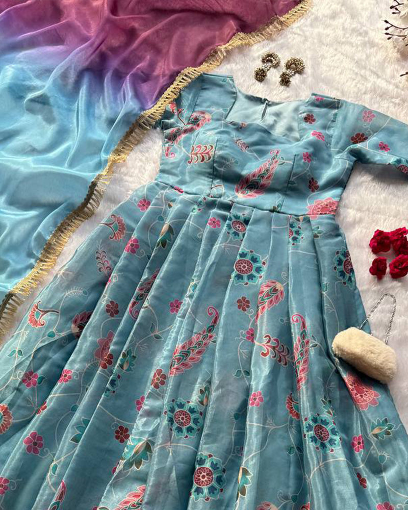 Sky Blue Color Digital Printed Soft Organza Gown