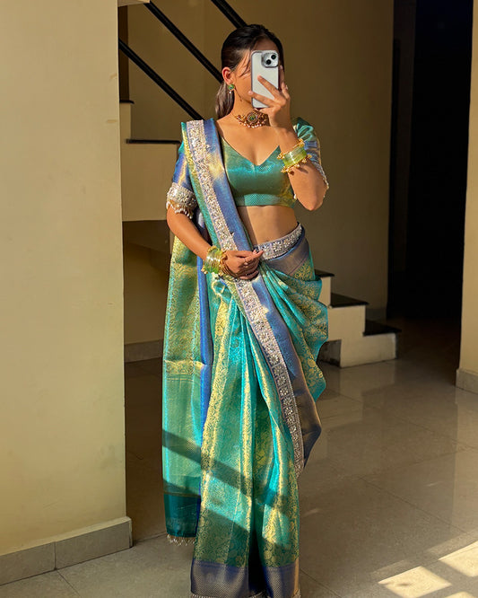 Morpich Color Banarasi Tissue Silk Zari Weaving Saree