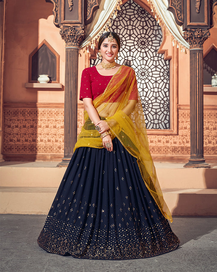 Beautiful Navy Blue And Rani Pink Georgette Lehenga Choli