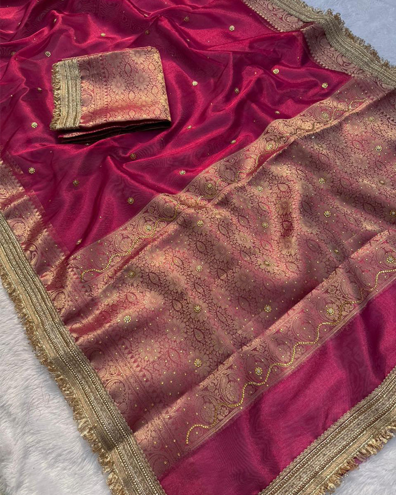 Rani Pink Color Soft Banarasi Silk Gold Stone Work Saree