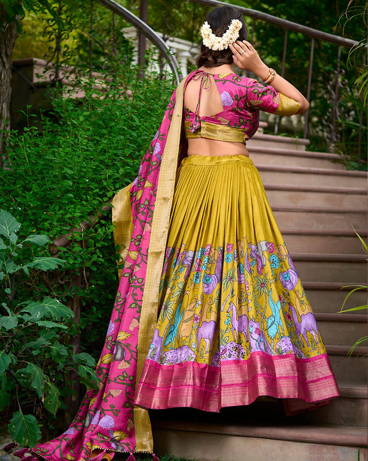 Mustard Color Dola Silk Designer Kalamkari Print Lehenga Choli