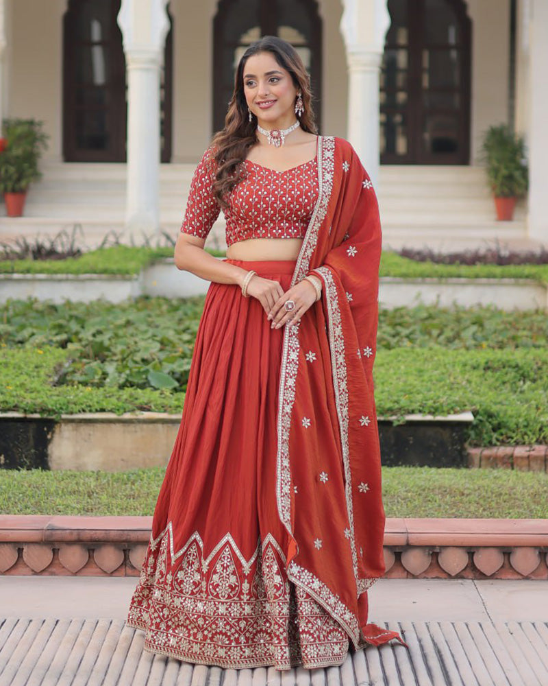 Rust Orange Color Vichitra Silk Embroidered Lehenga Choli