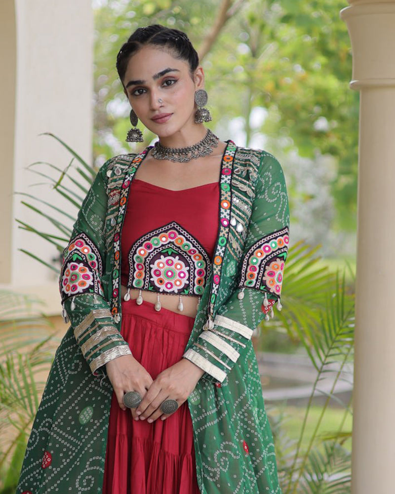 Red Color Bandhani Printed With Rayon Lehenga  Choli