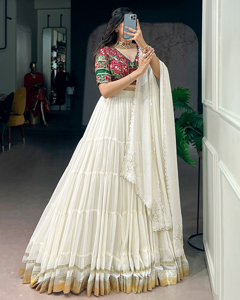 White Color Marbel Embossed Lehenga Choli