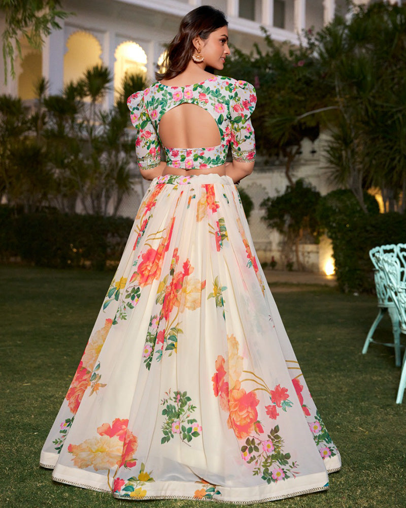 Cream Color Georgette Floral Printed Lehenga Choli
