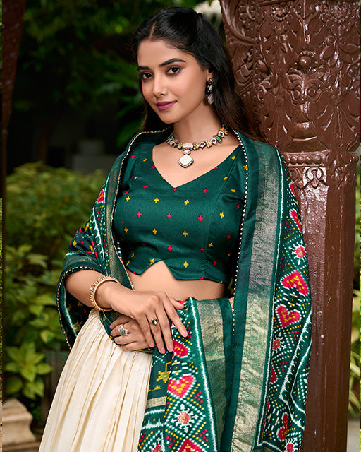 Green Color Tussar Silk Patola Printed Lehenga Choli