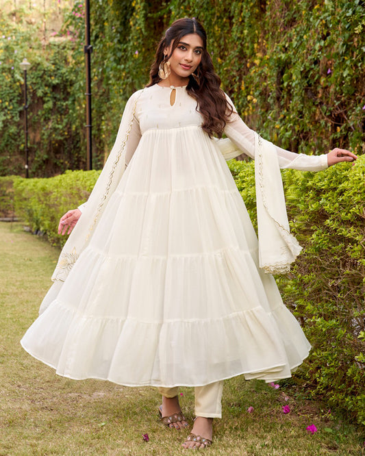Off-White Color Marble Three Piece Anarkali Suit
