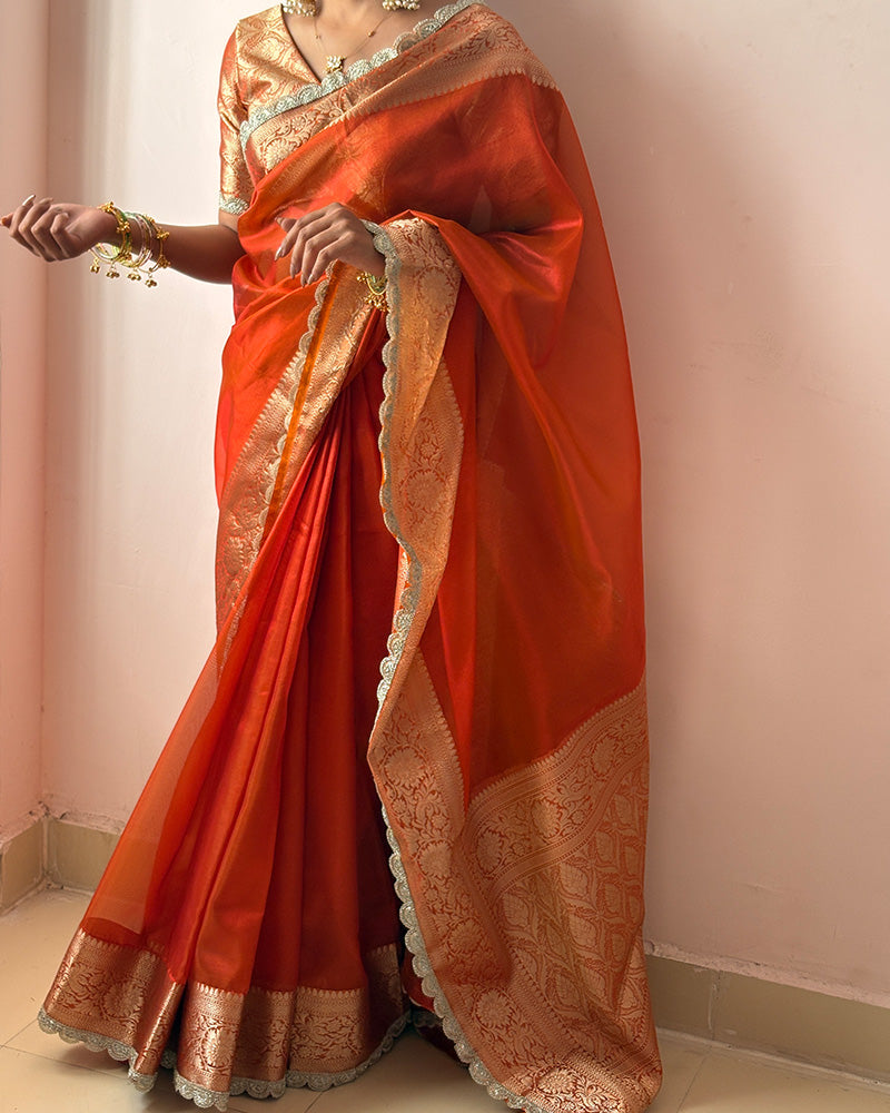 Orange Color Banarasi Tissue Saree
