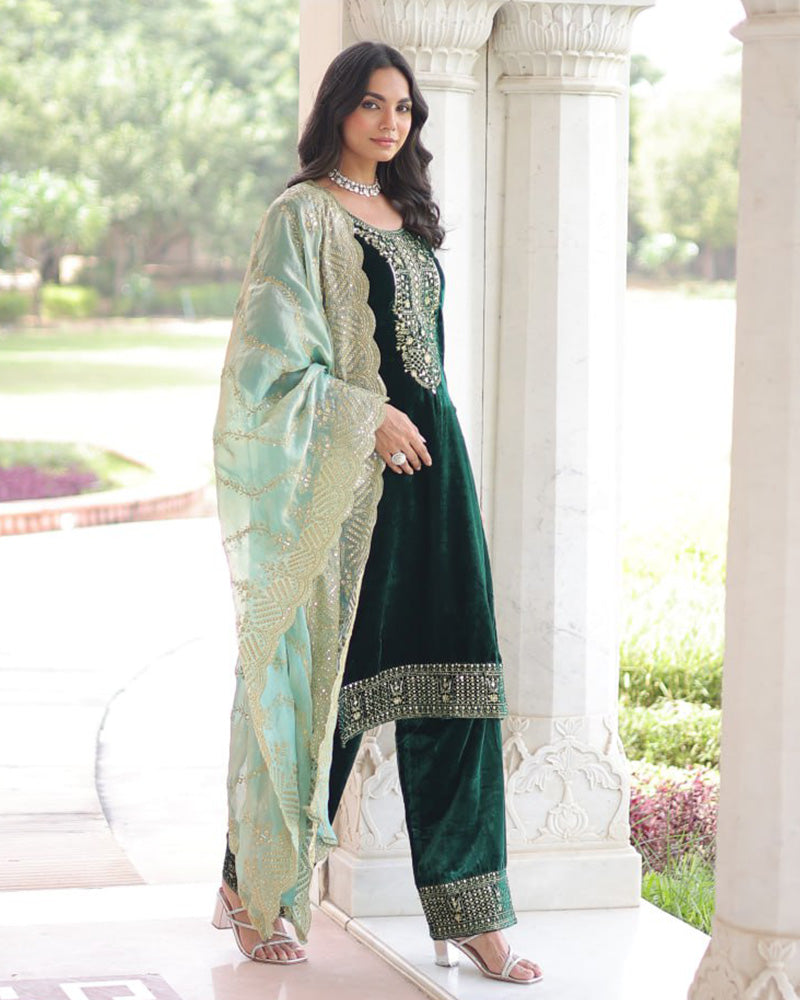 Green Color Velvet Three Piece Kurti Suit