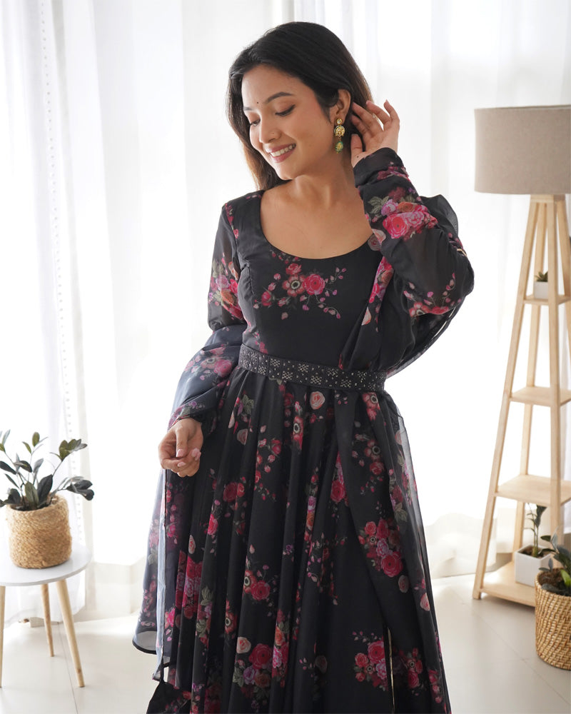 Black Color Floral Print Soft Organza Silk Kali Cut Anarkali Suit