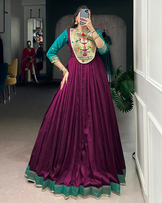 Wine Color Vichitra Silk Zari Weaving Gown