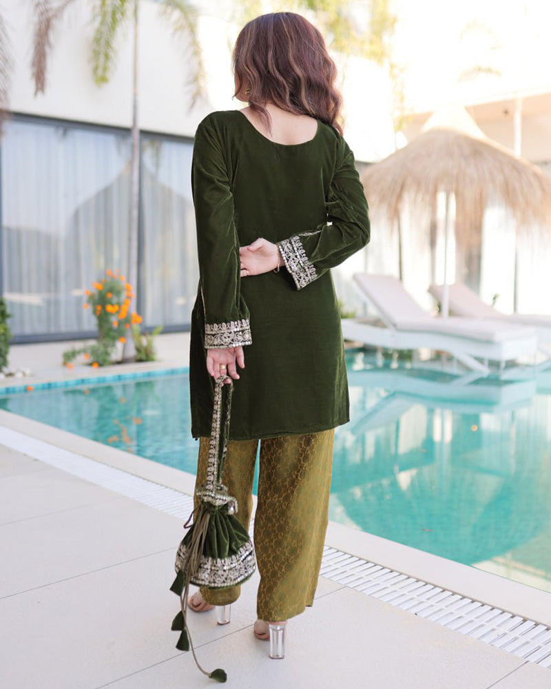 Mehndi Color Velvet Embroidered Kurti Suit