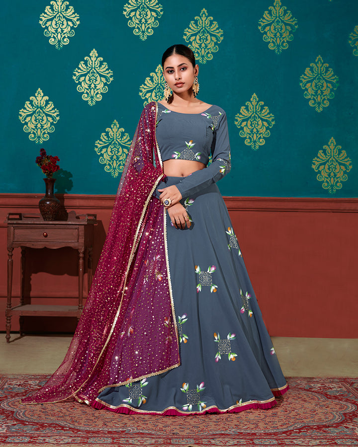 Blue Magenta Color Georgette Semi Stitched Lehenga Choli