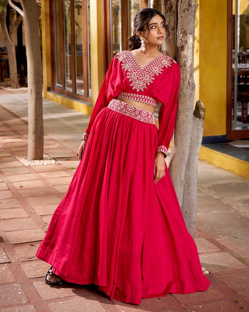 Rani Pink Color Vichitra Silk Embroidered Lehenga Choli