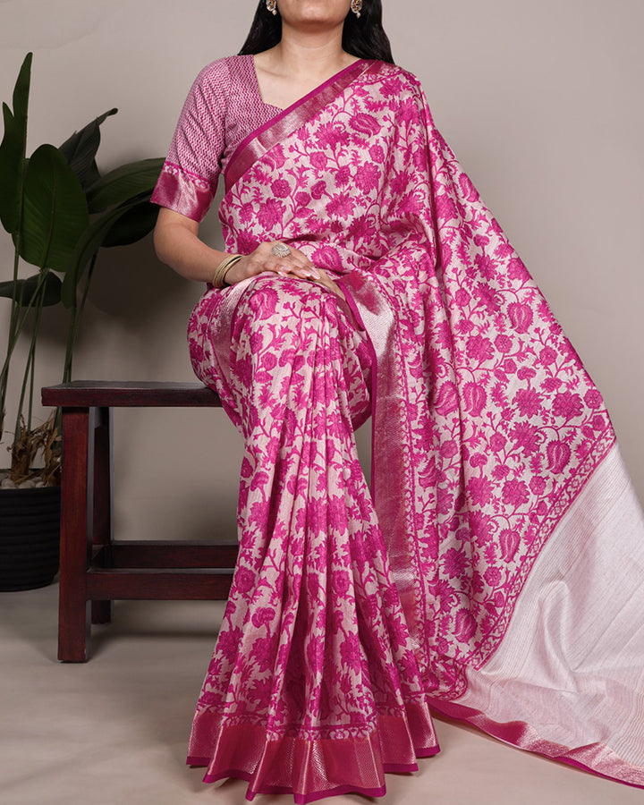 Pink Color Designer Tasar Silk Printed Saree