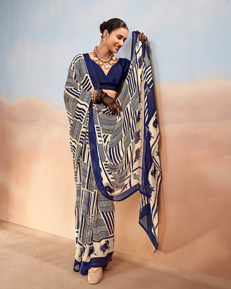 Navy Blue Color Satin Chiffon Printed Saree