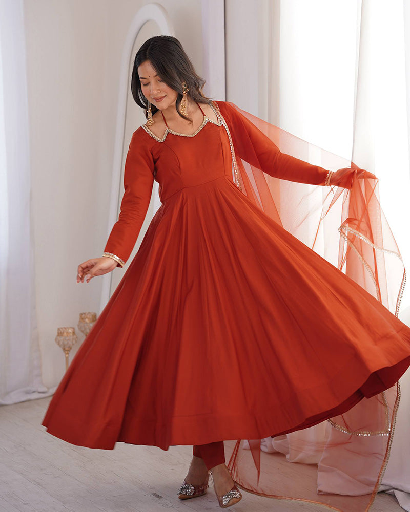 Rust Orange Color Chanderi Roman Silk Three Piece Anarkali Suit