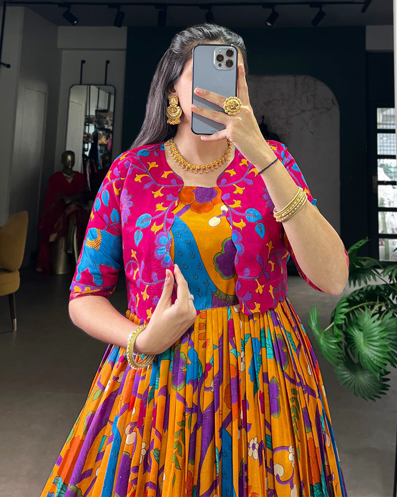 Mustard Color Tasar Silk Printed Gown With Koti