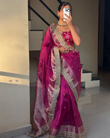 Rani Pink Color Soft Banarasi Silk Pearl Work Saree