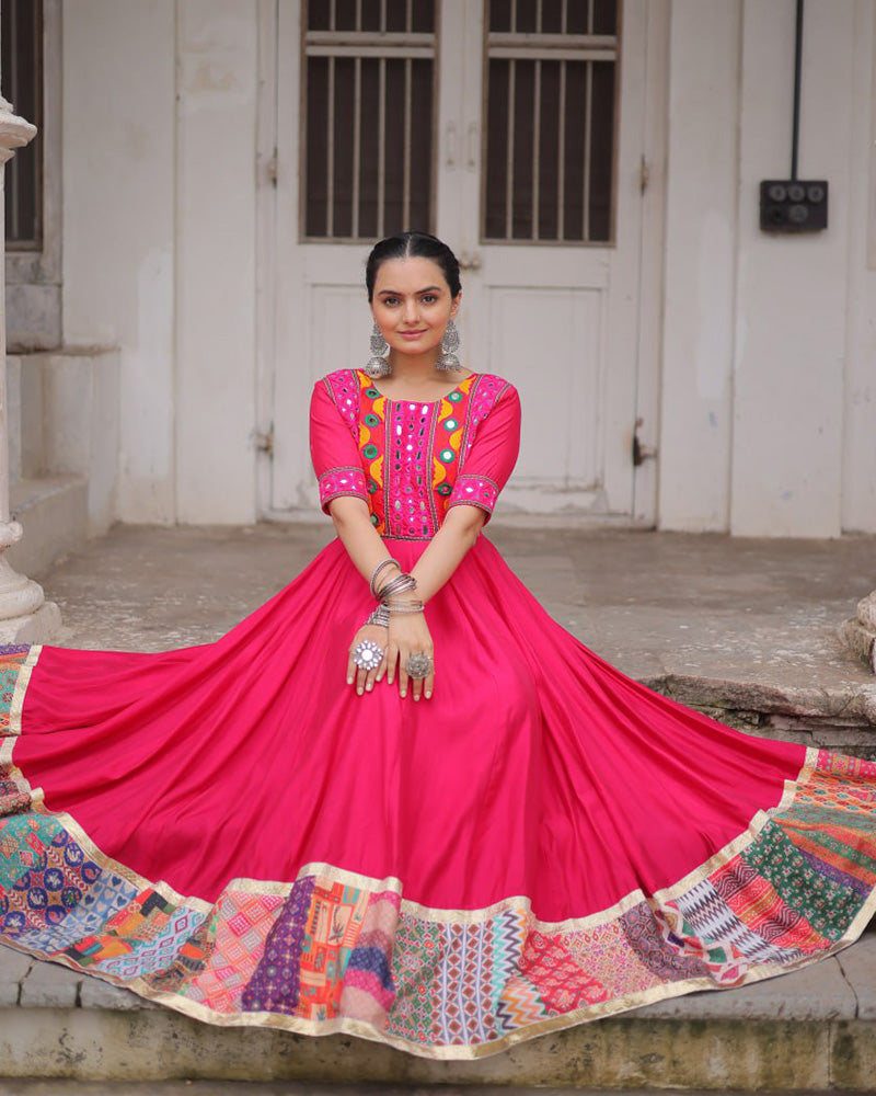 Colorful Border Pink Color Roman Silk Gamthi Work Navratri Gown
