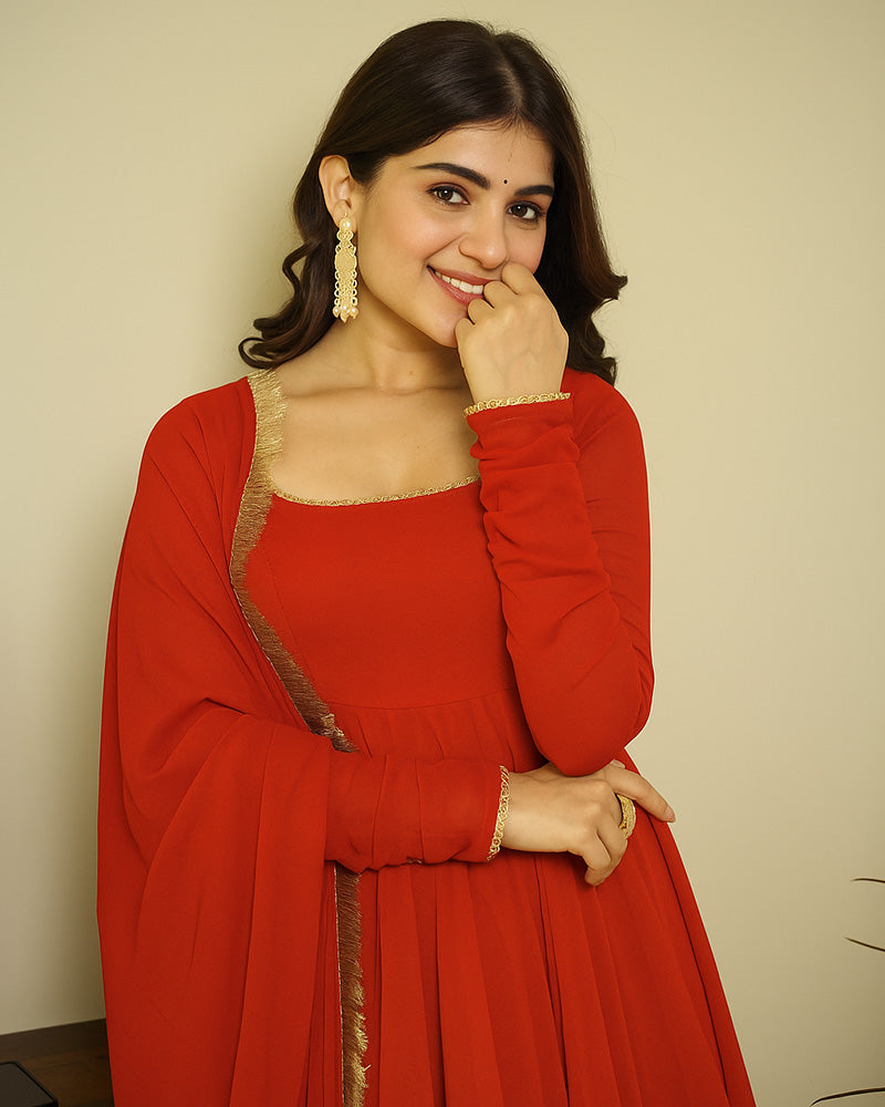 Red Color Georgette Three Piece Anarkali Suit