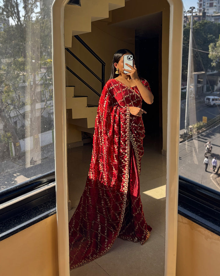 Maroon Color Space Silk Embroidered Saree