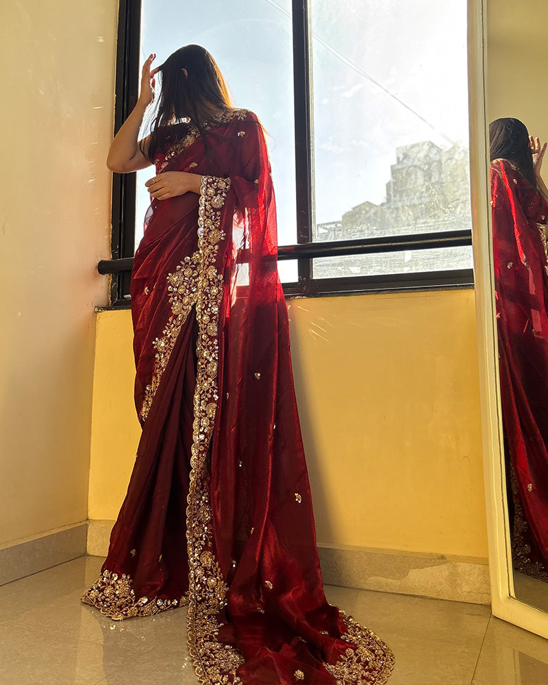 Maroon Color Space Silk Beads Embroidered Saree