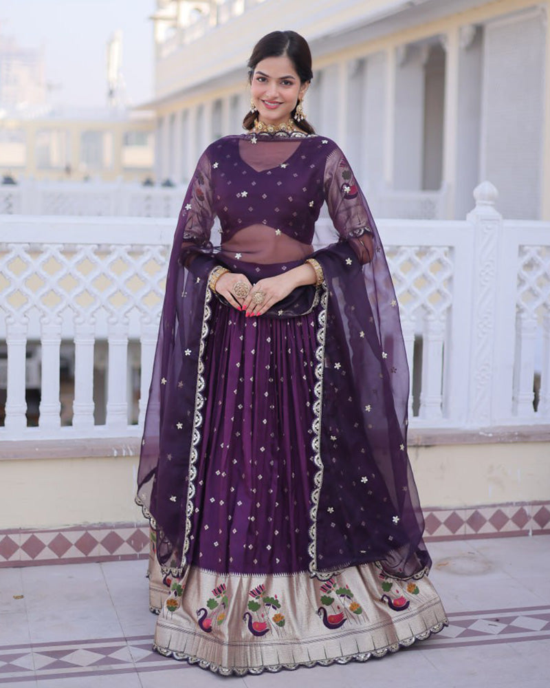 Wine Color Dola Silk Embroidered Lehenga Choli