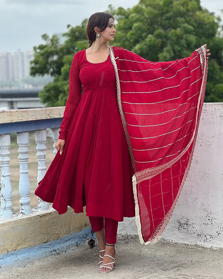 Maroon Color Georgette Anarkali With Embroidered Dupatta