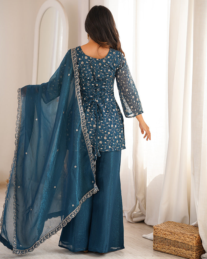 Teal  Blue Color Crunchy Silk Embroidered Plazzo Suit
