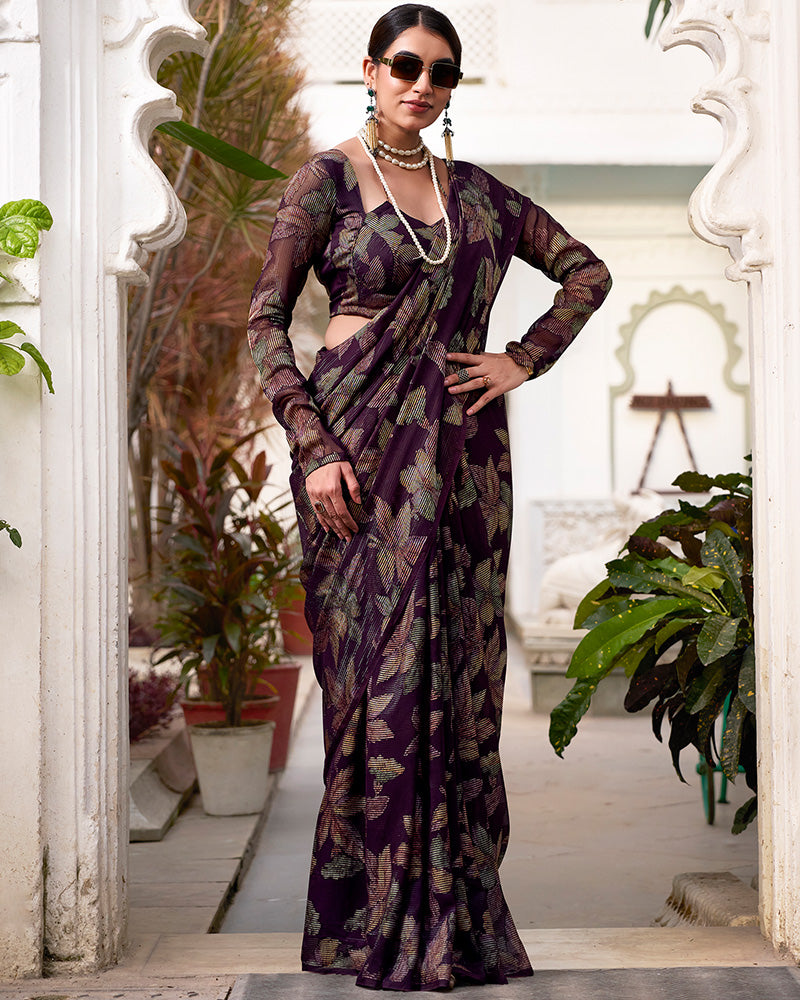 Wine Color Lurex Brasso Viscose Saree