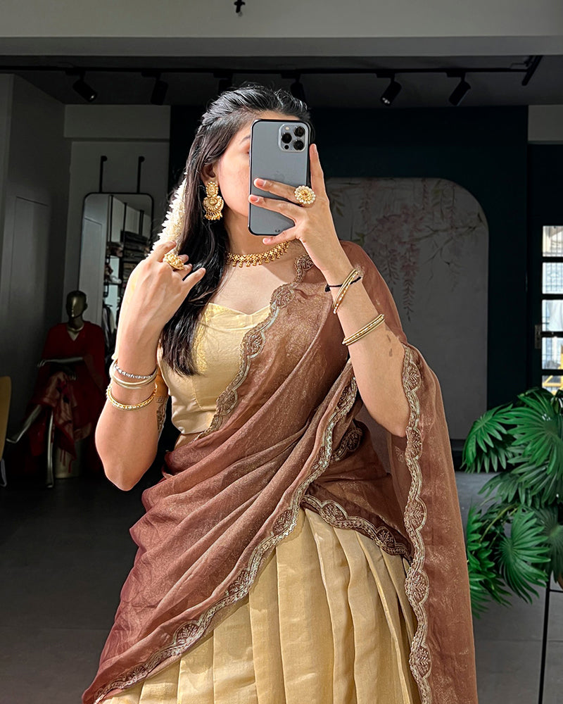 South Indian Style Cream Color Kanchipuram Half Saree