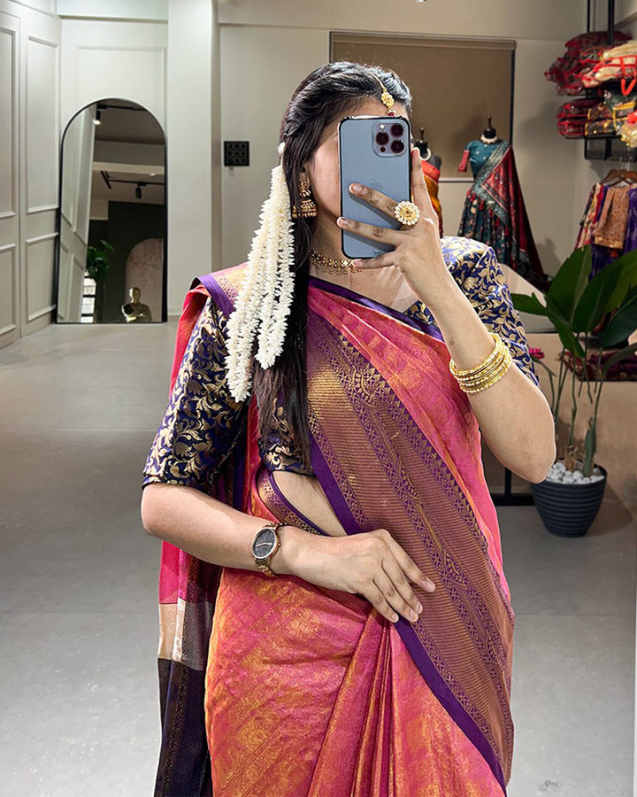 Designer Pink Color Kanjivaram Saree With Zari Work