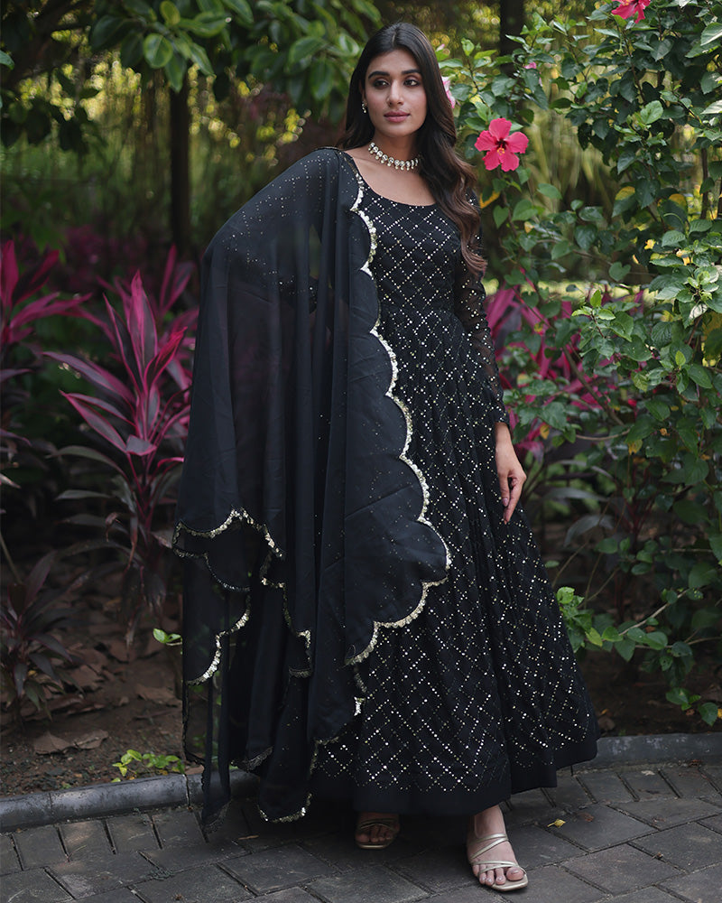 Black Color Designer Anarkali Gown With Dupatta