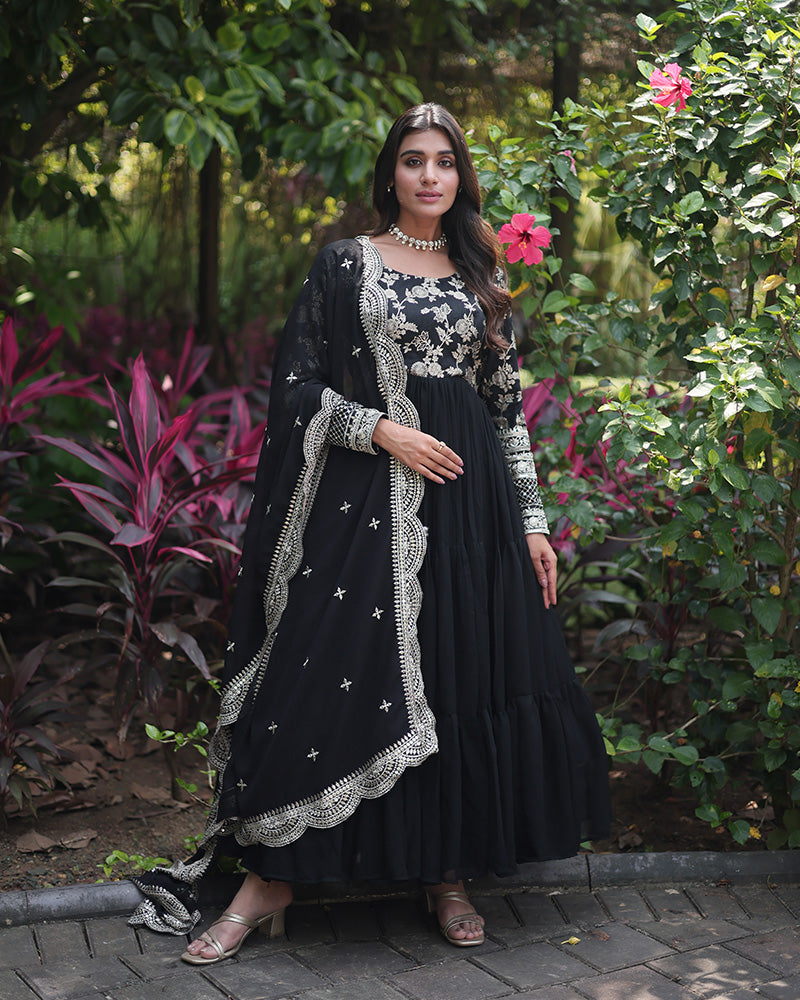 Black Color Anarkali Gown With Faux Blooming Dupatta
